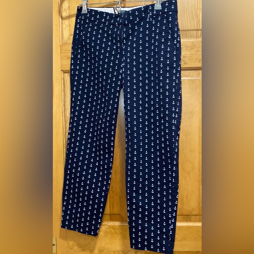 J. Crew Pants City Fit Stretch Navy Nautical White Anchors Front Zip EUC SIZE 2